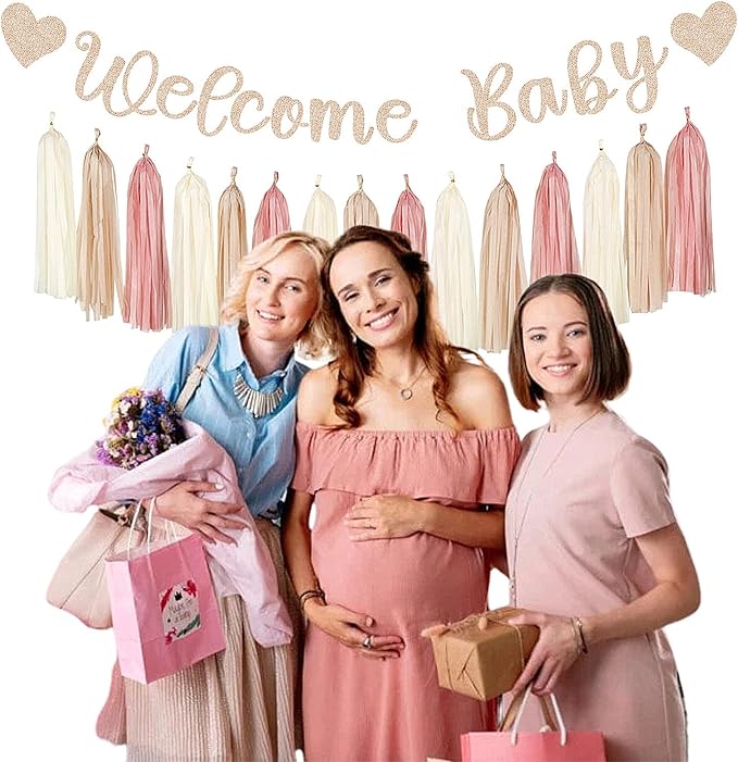 Blush-Pink Rose-Gold Fall Baby-Shower Party-Decorations - 31pcs Welcome Home Banner Sign,Neutral Paper Lanterns,Girl Streamers Garland,Boho Hanging Tissue Pom Poms Flowers Fans Backdrop Decor Burgleda