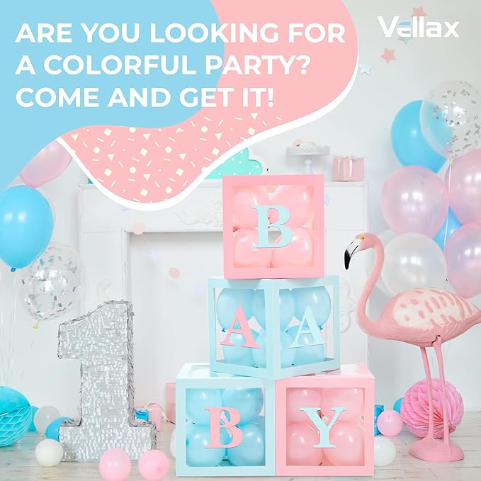 Baby Shower Boxes with Letters – Pink And Blue Boxes with Pink & Blue Balloons – 44-Piece Gender Reveal & Party Decoration Set by Vellax
