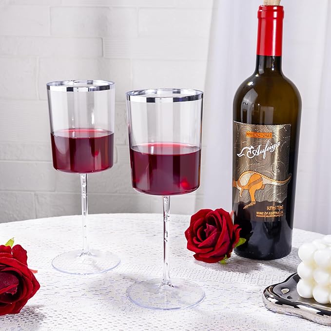 Ciaell 12 Pack Plastic Wine Glasses - 14 Oz Plastic Wine Glasses with Stem - Square Silver Disposable Stemmed Glass for Parties & Weddings & Outdoors