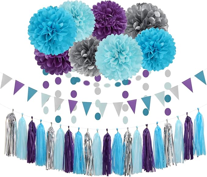 Purple-Blue Silver Frozen Christmas Party-Decorations - 30pcs Tissue Pom Poms Streamers,Winter Girl Birthday New Year Tassel Garland Banner,Wonderland Mermaid Baby Shower Wedding Supplies Decor Bunting Lasting Surprise