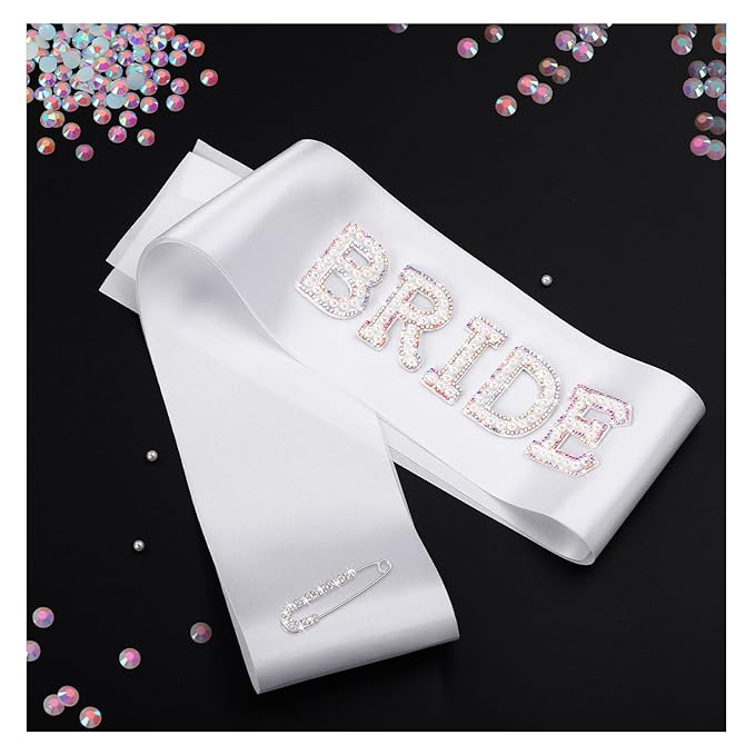 Etercycle Bride Sash, Bride To Be Sash Bridal Gifts, White Pearls Rhinestones Sashes Bachelorette Party Decorations Bridesmaid Favors With Adjustable Diamond Pin