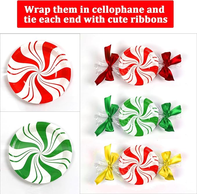 48Pcs Christmas Peppermint Candy Paper Plates Christmas dessert Cake Plates Candy Mint Happy New Year Disposable Party Supplies Set Holiday Xmas Peppermint Red Green Striped Decorations 7Inch