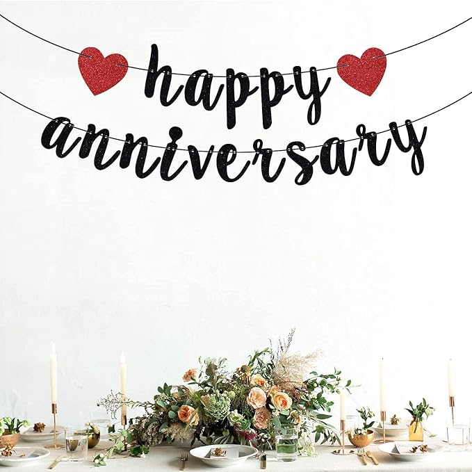 Happy Anniversary Banner, Anniversary Party Decorations, We Still Do, Happy Wedding Day Party Decoration Supplies Black Red Glitter