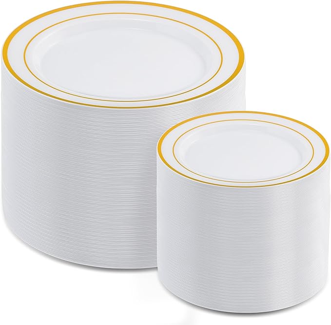 AOZITA 200PCS Gold Plastic Plates Set, Heavy Duty Disposable Plates for Party & Wedding, Includes 100 Dinner Plates and 100 Dessert Salad Plates, Elegant White with Gold Rim Dinnerware