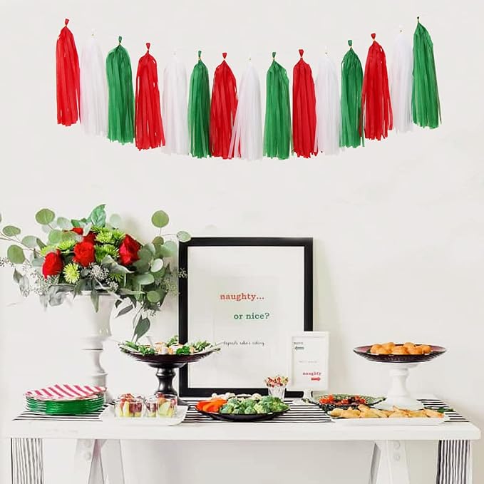 Red-Green White Christmas Party-Decorations Tassel-Garland -15pcs Mexico Italy Tassels Banner Streamers,Mexican Italian Birthday Wedding Baby Shower Decor Panduola