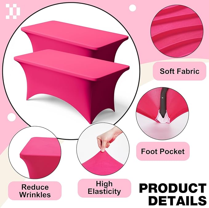 Trlyc 2 Pack 6FT Spandex Table Cloth - 72 x 30 Inch Rectangular Stretch Tablecloth, Wrinkle Resistant Scretch Table Cover for Wedding, Party, Banquet, Picnic, Outdoor Decoration (2Pcs,Fuchsia)