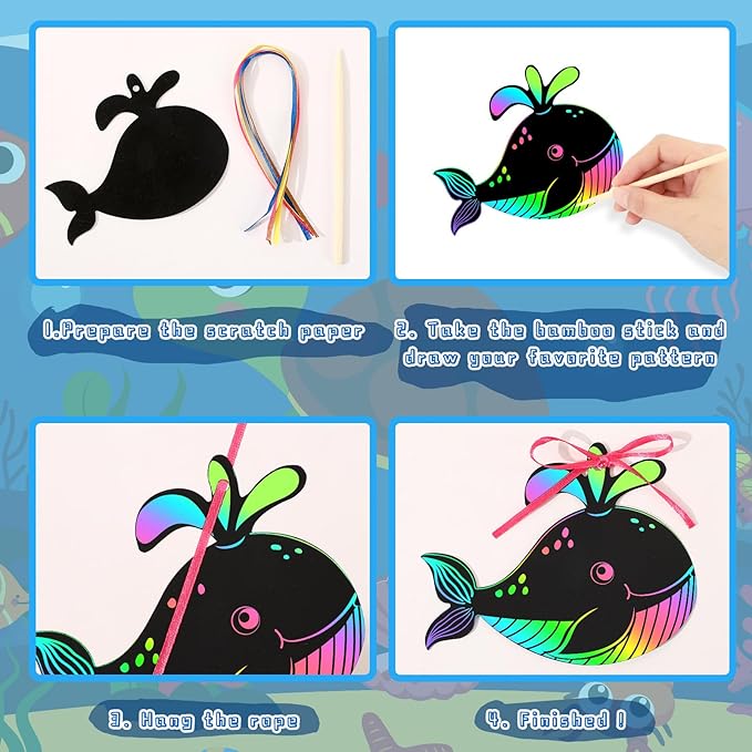 JULMELON 36 PCS Ocean Crafts, Rainbow Scratch Art Under The Sea Party Favors DIY Magic Color Summer Ocean Animals Scratch Cards for Summer Party Favors School Activities
