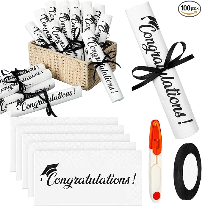 100 Set Graduation Congratulation Guest Napkins Black Rolled Silverware Disposable Grad Award Dinner Napkin with Ribbon and Scissors for Celebration