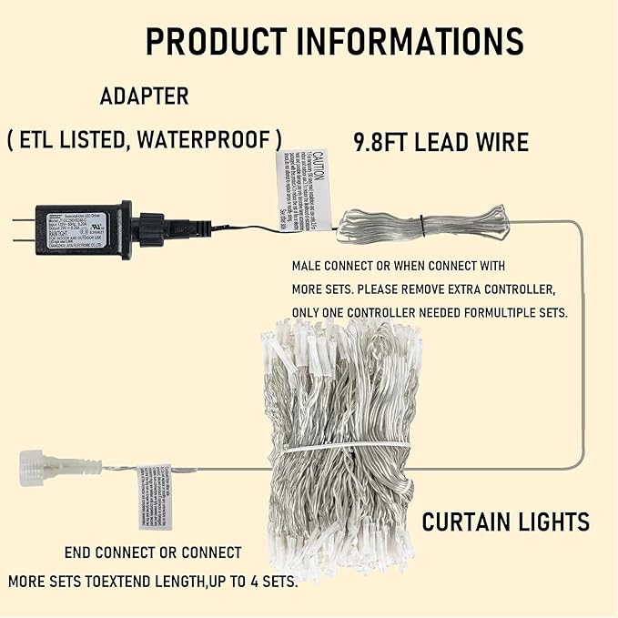 Dazzle Bright 300 LED Curtain String Lights, Christmas Fairy Lights for Bedroom with 8 Lighting Modes, Connectable Waterproof Window Lights Party Wedding Garden Wall Decor, Multi-Colored