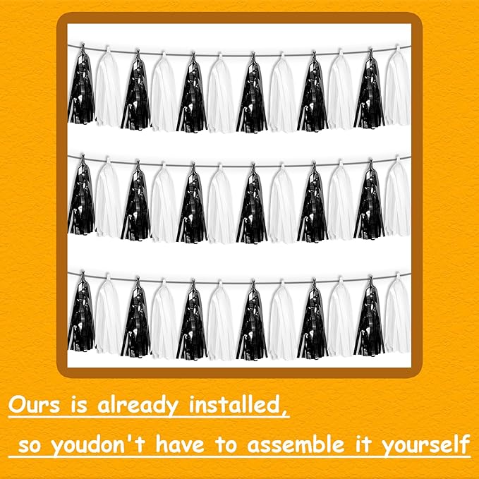 3P Black White Foil Fringe Tassel Banner Metallic Tinsel Streamer Garland Wall Curtain Backdrop for Parade Floats, Graduation, Halloween, Christmas, Father's Day Party Decorations