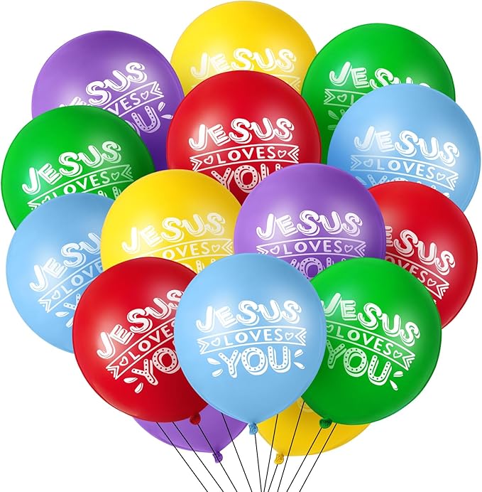 Gejoy Jesus Loves You Balloon 12 Inch Latex Christian Religious Jesus Balloon Party Decor for He Is Risen Party Decor Favor Cross Church Event Birthday Sunday Supplies(Bright Colors,60 Pcs)