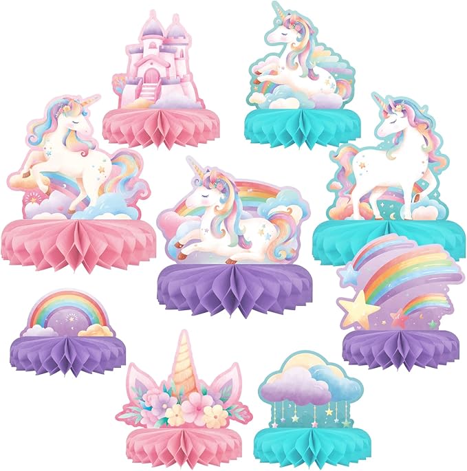 Unicorn Birthday Party Supplies Set - Rainbow Table Decorations with Honeycomb Centerpiece for Unicorn Party Decorations