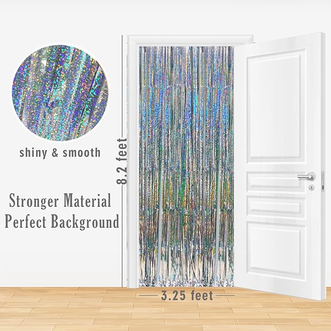 GOER 3.2 ft x 8.2 ft Metallic Tinsel Foil Fringe Curtains Party Photo Backdrop Party Streamers for Birthday,Graduation,New Year Eve Decorations Wedding Decor (1 Pack, Shiny Silver)