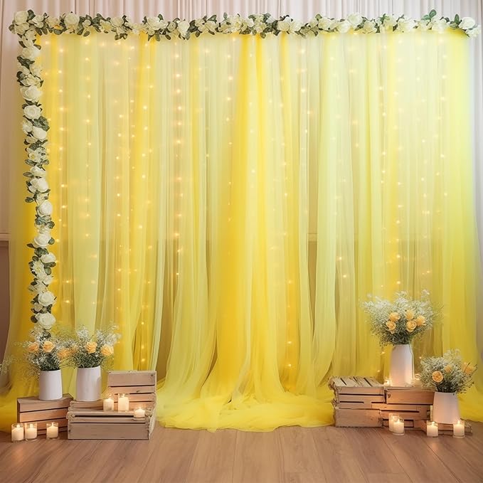 10ft x 10ft Yellow Backdrop Curtain with Lights String for Parties, Sheer Tulle Wedding Photo Backdrops Drapes for Baby Shower Birthday Party Decorations Background for Photography