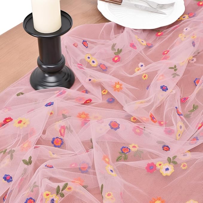 Joanlody Blushing Pink Embroidery Daisy Valentine’s Day Table Runner Florals Seasonal Easter Tulle Table Runner Holiday Kitchen Dining Table Decoration for Home Party Indoor