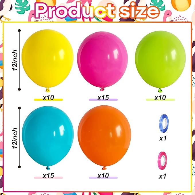 Hawaii Balloons Set, Pack of 60 12 Inch Hot Pink Orange Blue Light Green Yellow Neon Rainbow Latex Balloon for Summer Tropical Flamingo Luau Beach Aloha Baby Shower Birthday Party Decorations Supplies
