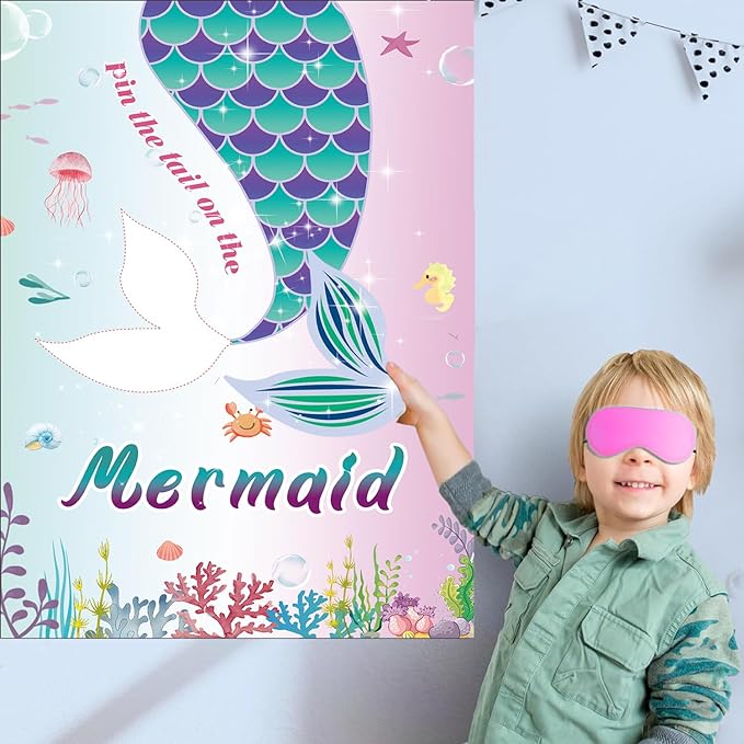 T-Antrix Pin The Tail on The Mermaid Game -Mermaid Party Game for Girls with 21'' x 28'' Poster, Reusable Tails Sticker Party Supplies for Kids Girls Birthday Party Favor Sets