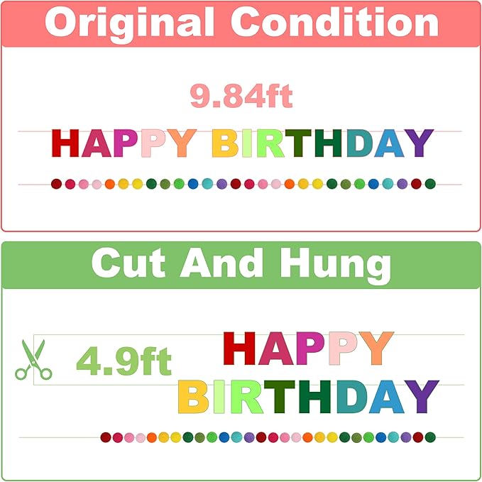 2 PCS Pre-Strung 3D Felt Happy Birthday Banner - Reusable Rainbow Happy Birthday Decorations Sign, Felt Ball Garland, Pom Pom Garland, Party Decor, Photo Prop (RAINBOW)
