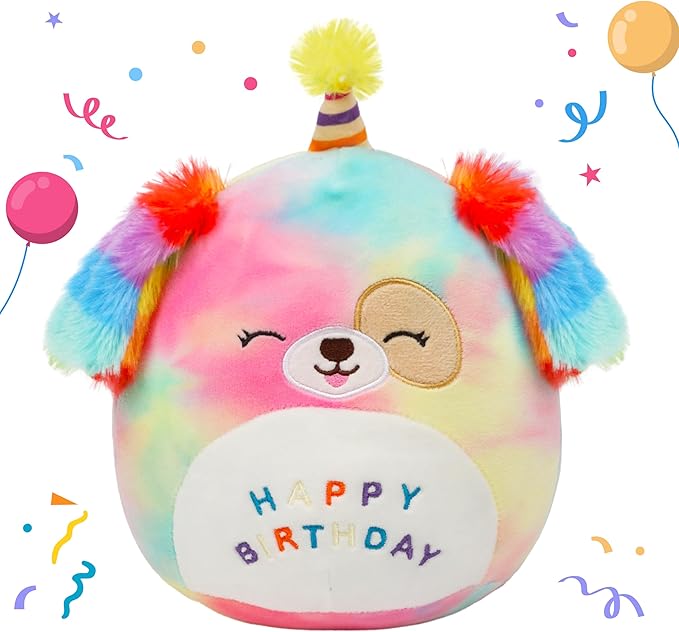 Easfan 8’’ Rainbow Birthday Dog Plush Pillow Soft Puppy Plush Toy Cute Dog Stuffed Animal Birthday Gifts for Kids Toddlers