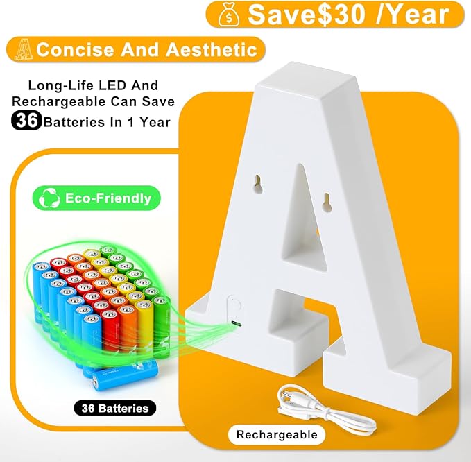 Foaky Rechargeable LED Letter Lights Sign Marquee Light Up Letters Sign for Night Light Wedding/Birthday Party Christmas Lamp Home Bar Decoration (N)