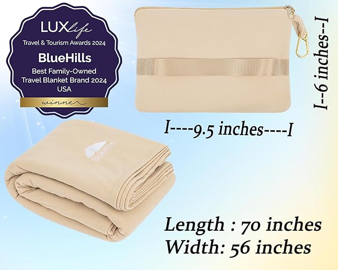BlueHills Travel Blanket Pillow Compact Lightweight Pocket Size Airplane Traveling Essential Flight Trip Throw in Bag Portable Case Plane Accessory Beige L06
