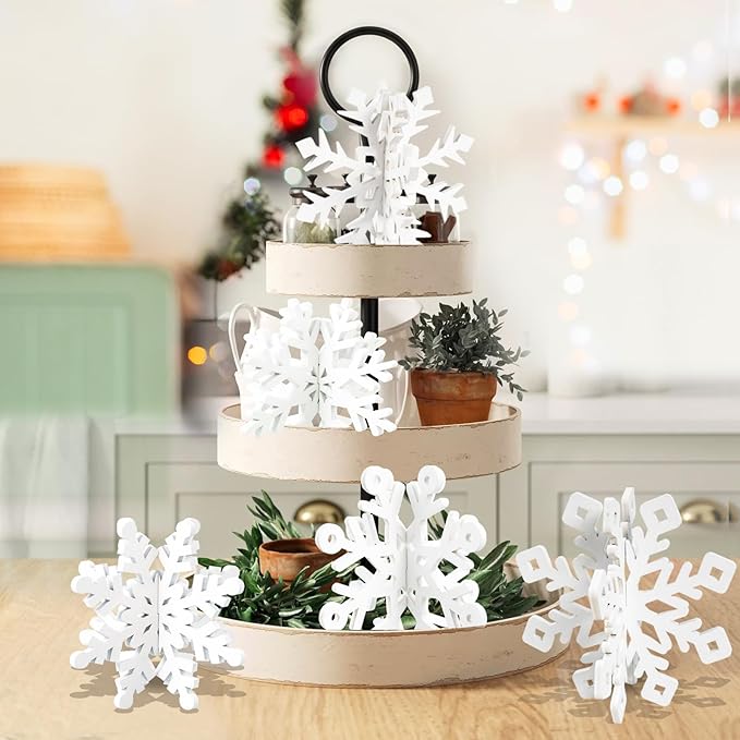 OuMuaMua 18 Sets Winter Christmas Centerpiece Table Decorations - 36pcs Wooden Snowflakes Decor 3D White Snowflake Tabletop Decor for Xmas Holiday Tiered Tray Desk Winter Farmhouse Home