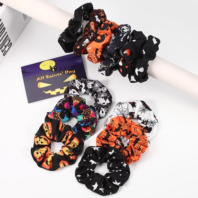 Halloween Hair Scrunchies BOO Spooky Pumpkin Fall Scrunchies Skull Ghosts Bat Star Moon Candy Spider Web Skeleton Hair Ties for Women Girls Elastics Scrunchy Halloween Gifts Accessories 12 PCS