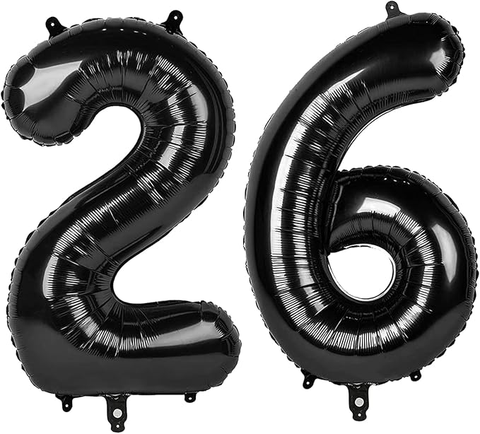 Number 26 Balloons, Balloons for Man Woman 26th Black Birthday Party Decoration, 40 Inch Foil Number Ballon for 26, 62, 2026 Anniversary, Bridal Shower, Graduation, Halloween, New Year