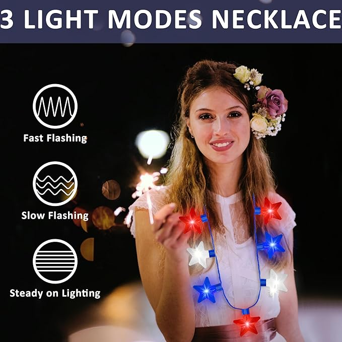 8PCS 4th of July Necklaces, Fourth of July Light up Necklace Accessories, Patriotic Red White Blue Independence Day 7 Bulb Bulk, Glow Accessories for Memorial Day Veterans Day Patriotic Party Parades