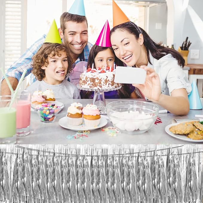 4P Silver Foil Fringe Metallic Tassel Streamers Banner Tassel Garland for Parade Floats, Bachelorette, Wedding, Birthday, Halloween, Christmas, Bridal/Baby Shower Party Decorations