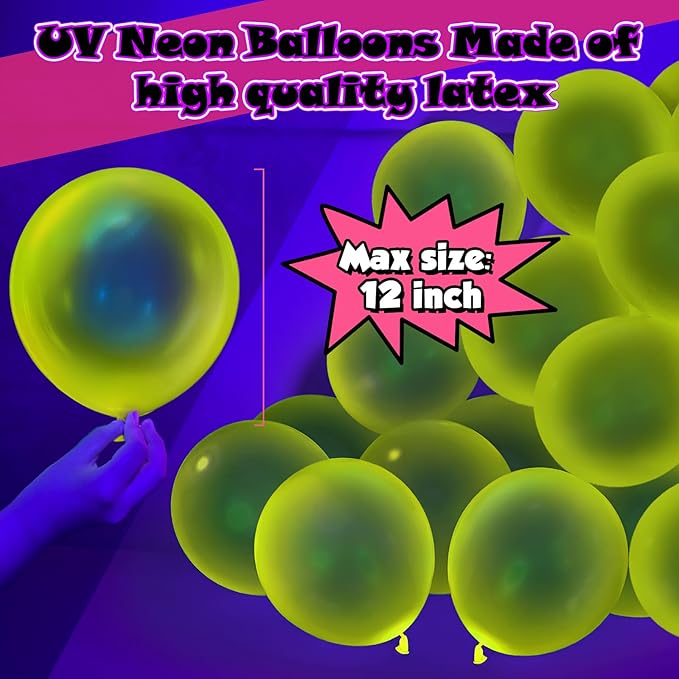 100 Pcs UV Neon Yellow Balloons 12 inch Neon Party Supplies, Balloons, Glow in the Dark for Birthday, Graduation, Baby Shower,Wedding, Anniversary Valentines Party Decorations