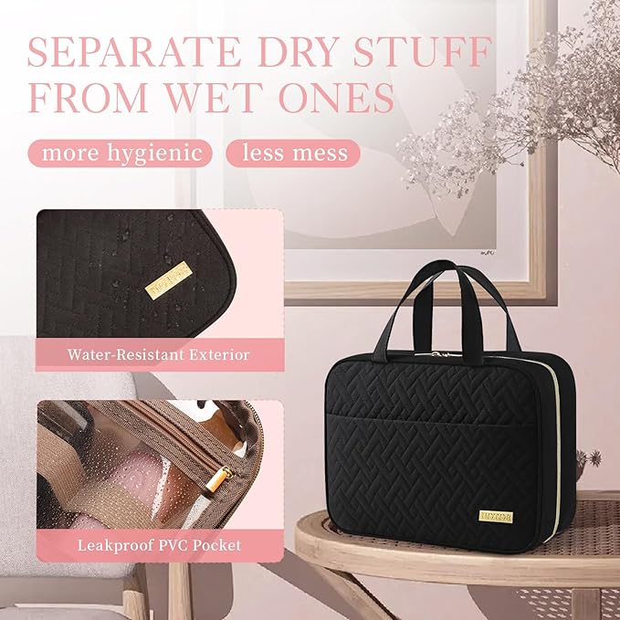 HOTOR Travel Toiletry Bag - Hanging Toiletry Bag for Women & Men, Makeup Bag/Big Comparment, Waterproof for Travel Accessories, Travel Essentials, Medium, Black