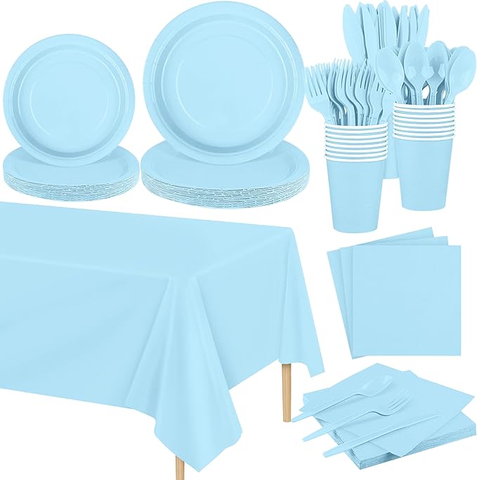 Kochorie 169 Pieces Light Blue Party Supplies Disposable Dinnerware Set Include Plates and Cups Napkins Plastic Forks Knives Spoons Tablecloth for Wedding Birthday Party Decorations, Serve 24 Guests