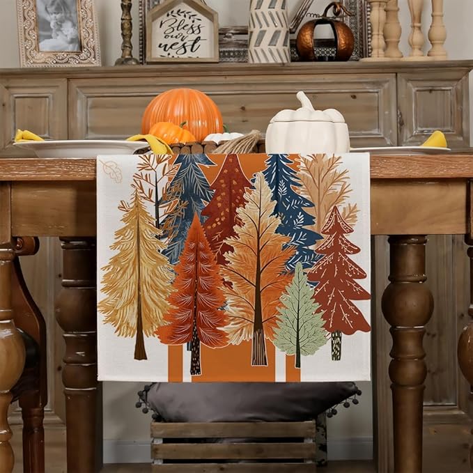 GEEORY Fall Watercolor Trees & Maple Leaves Striped Table Runner 13x90 Inch, Rustic Farmhouse Autumn Thanksgiving Decor for Kitchen, Dining, Indoor/Outdoor Holiday Dinner Party Orange GT157-90