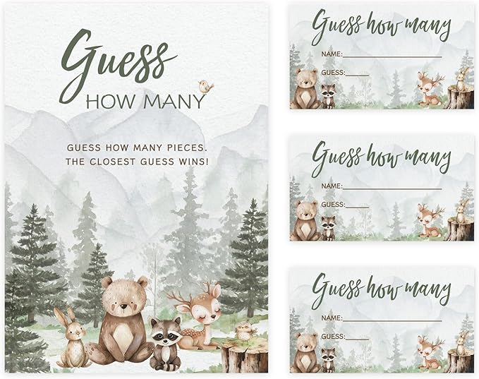 Printed Party Baby Shower Games – Woodland Adventure Candy Jar Guessing Game, Forest Animal Theme, 30 Guess How Many Cards & Matching Display Sign