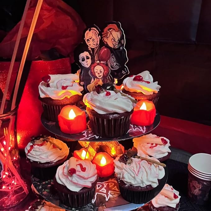 Homemory 24-Pack Halloween Red Dripping Flameless Tea Lights, Battery Operated Flickering LED Candles, Safe for Pumpkins, Party & Holiday Decor, 1.58" D x 1.2" H, Warm White Glow