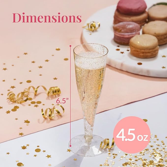 Prestee 200 Disposable Champagne Flutes Gold Glitter Glasses - 4.5 Oz Plastic Champagne Cups for Parties, Wedding Toasts, Mimosa Bar, and New Year’s Eve - Elegant Bulk Gold Plastic Wine Flutes | Disposable, Gold Glitter, Glasses, Champagne Cups, for Pa...