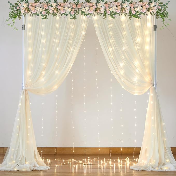 10ft x 10ft Ivory Tulle Photo Backdrop Curtain with Lights String for Parties Wedding Sheer Ivory Curtain Backdrop for Birthday Party Bridal Shower Photo Booth Photography Background Decorations