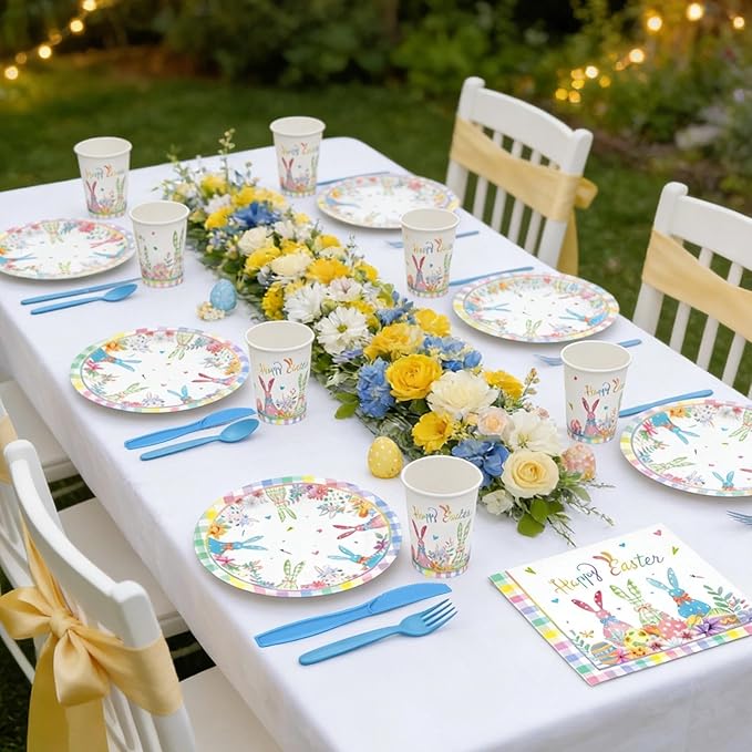 168PCS Happy Easter Plates and Napkins Forks Sets - Disposable Spring Flowers Paper Plates Set Colorful Eggs Themed Round Tableware for Easter Party Supplies Favors Table Decor(Serves 24)