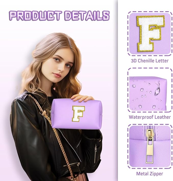 TOPEAST Initial Cosmetic Bag, PU Leather Waterproof Travel Toiletry Bag, Monogrammed Gifts for Women, Personalized Birthday Gift for Sister Friends, Cute Stuff for Girls (Purple K)