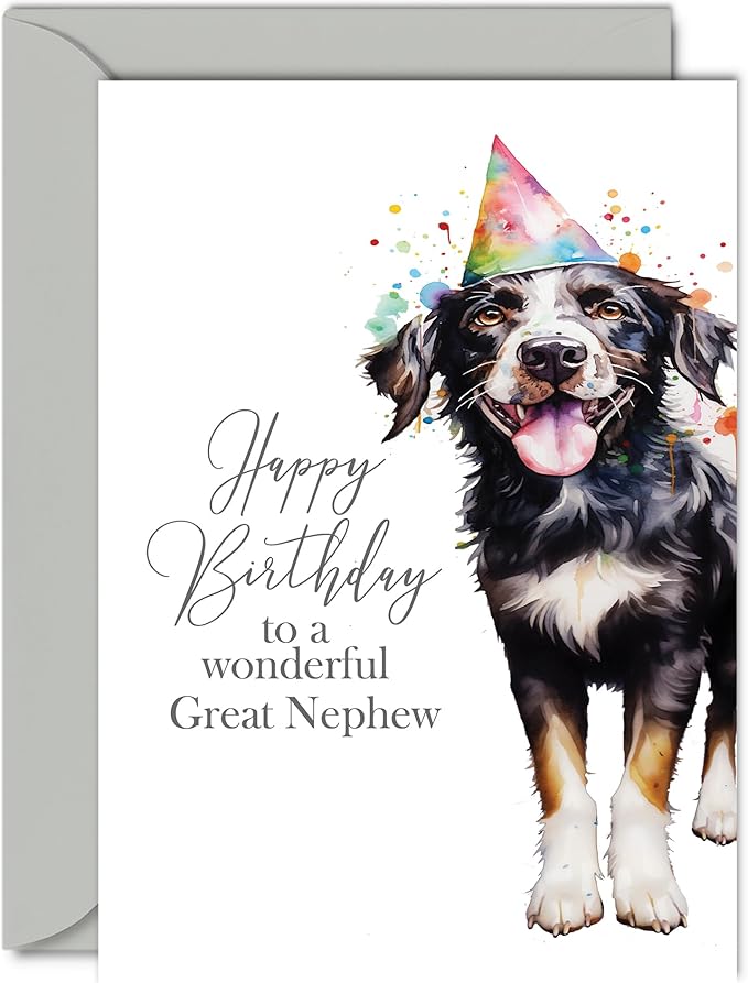 Birthday Cards for Great Nephew - Party Hat Dog - Happy Birthday Card for Great Nephew from Great Auntie Great Uncle, 5x7 Inch Bday Gifts Greeting Cards for Boys Him
