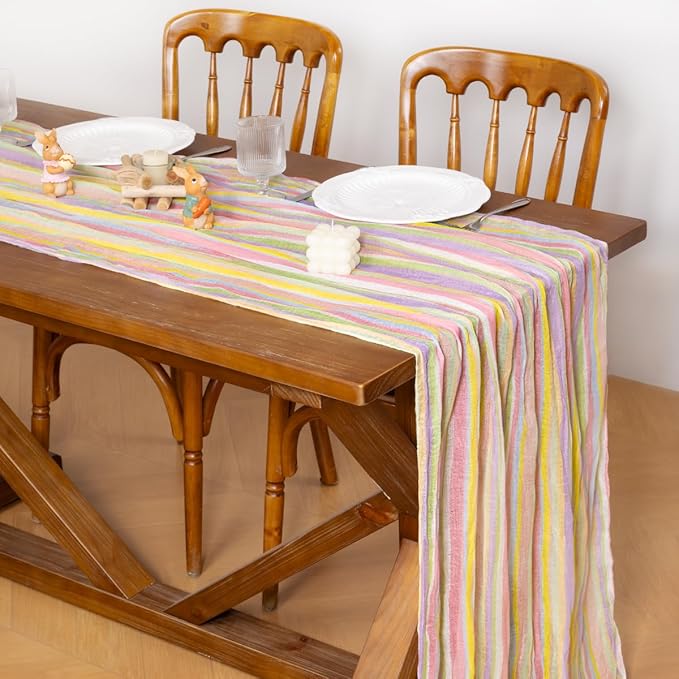 Socomi Easter Spring Table Runner Pastel Stripe Floral Cheesecloth Gauze 120 Inch Rustic Boho Cheese Cloth Runner for Wedding Party Baby Bridal Shower Decoration Holiday Home Decorations