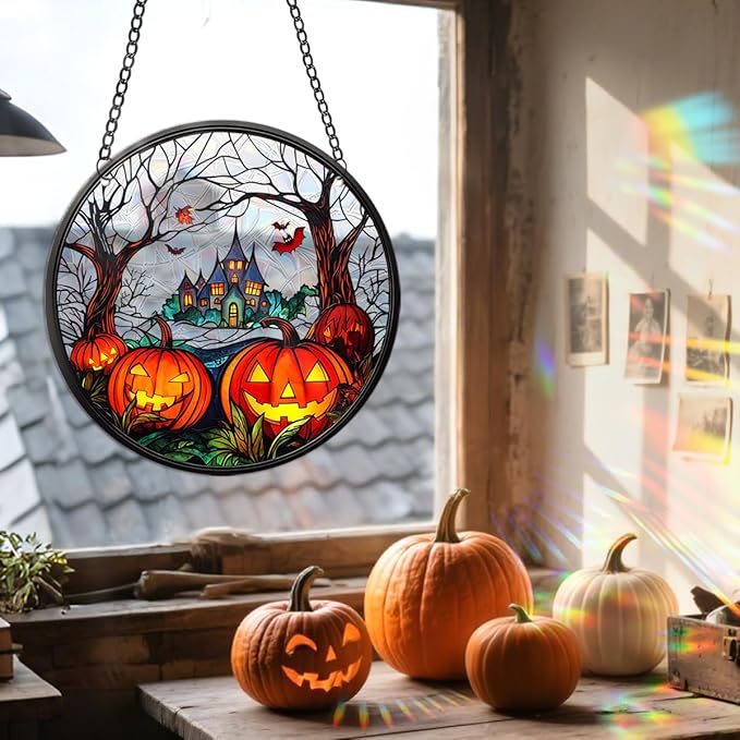Halloween Sun Catcher - 8 Inch Round Suncatcher for Window Hanging Decoration - Creates Indoor Rainbows Light Refraction - Spooky Ghost, Witch, Pumpkin Design - Suction Cup Hook & Chain