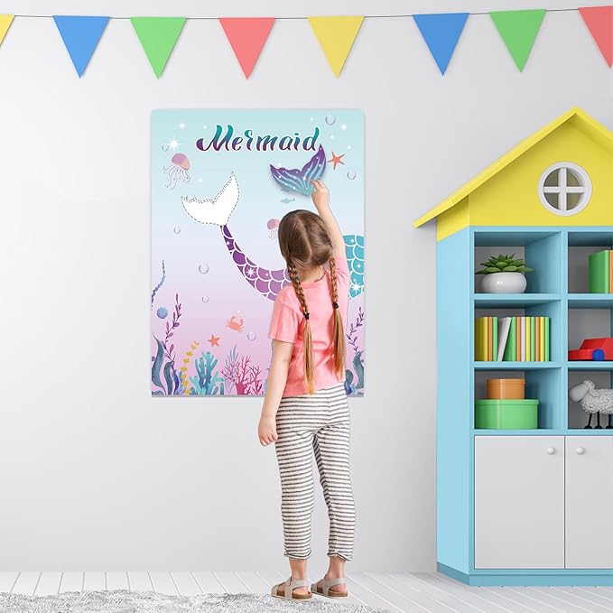 Pin The Tail on The Mermaid Party Game with 24 PCS Tails for Kids Girls Birthday 21'' x 28'' (Mermaid)