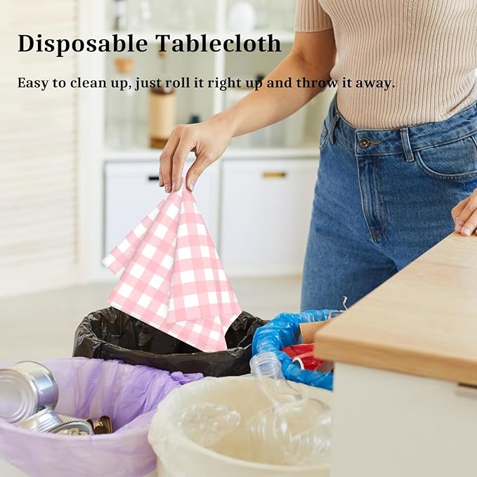 4 Pcs Pink Gingham Tablecloth 54 × 108 Inches Pink and White Checkered Table Cloth Disposable Plastic Waterproof Tablecover for Outdoor Picnic, Birthday Party, Holiday Dinner