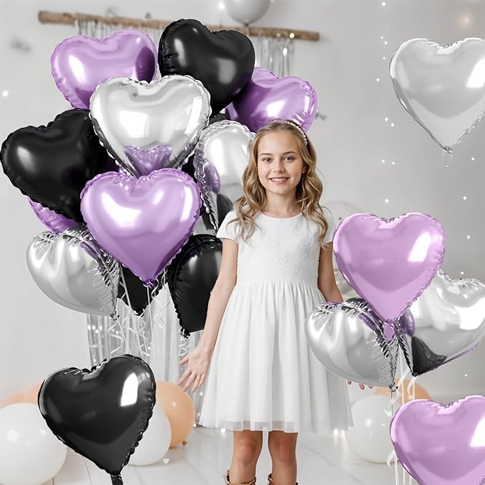 Purple and Black Heart Balloons, 10 Pcs Light Purple Silver Heart Shape Foil Balloon 18 Inch Birthday Balloons for Girls Princess Theme Birthday Wedding Valentines Baby Shower Party Decoration