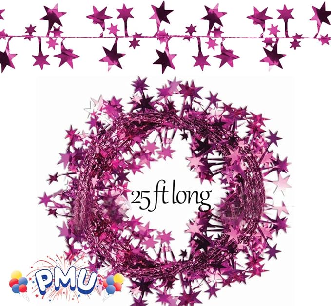 PMU 75 Ft Star Wire Shiny Garland Hot Pink - Halloween, Christmas Party, Wedding, Birthday, Festive Home Decoration Ornament Hot Pink (3pc-25Ft Each)