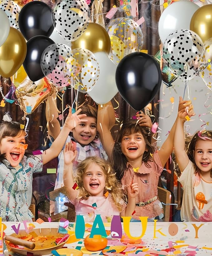 300 Pcs Black Gold Confetti Balloons Set Lncludes 12 inch Black White Gold and Confetti Balloons for Birthday Party Supplies Wedding Graduation Decorations