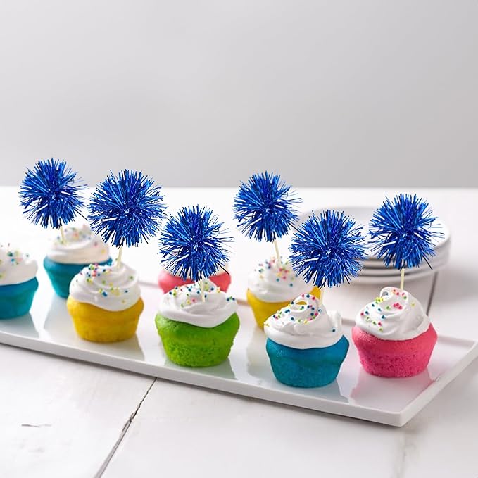 Gyufise 30Pcs Foil Firework Cupcake Toppers Sparkle Tinsel Cake Toppers Tinsel Drink Cake Decoration Cocktail Picks for Birthday Wedding Graduation Party Supplies Dark Blue