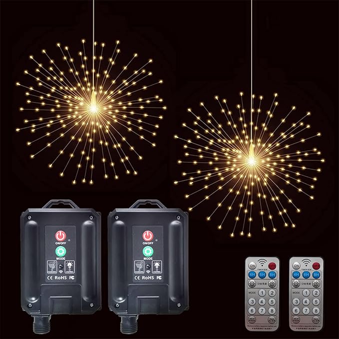 2 Pack Starburst Sphere Lights with Remote Control,200 LED Firework Light, 8 Modes Dimmable Waterproof Copper Wire Hanging Fairy Light for Patio Parties Christmas (Solar Powered)